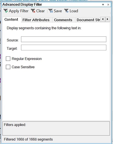 Screenshot of Trados Studio's Advanced Display Filter window with options to apply filter, clear, save, and load. The 'Search in Tag Content' checkbox is not visible.