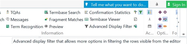 Screenshot of Trados Studio interface showing the 'Advanced Display Filter' icon with a funnel symbol, alongside other features like 'Term Recognition' and 'Termbase Viewer'.
