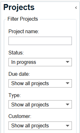 Trados Studio filter projects window showing options to filter by project name, status set to 'In progress', due date, type, and customer with all dropdowns set to 'Show all projects'.