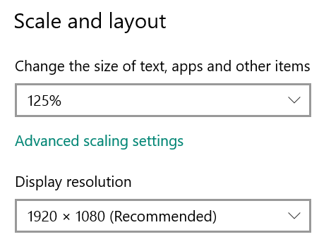 Screenshot of display settings showing 'Scale and layout' at 125% and 'Display resolution' at 1920 x 1080 (Recommended) for Display 1.
