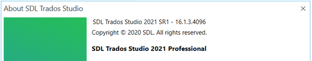 Screenshot of 'About SDL Trados Studio' window showing version 2021 SR1 - 16.1.3.4096 with copyright notice.