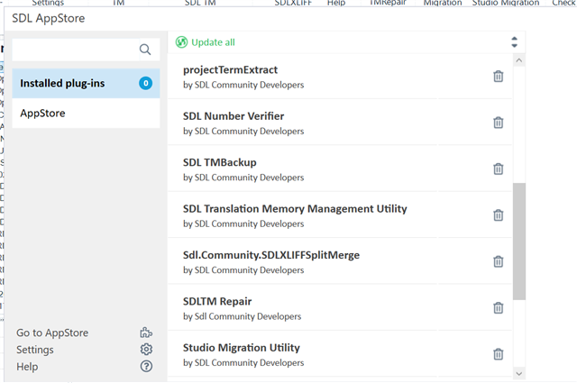 Screenshot of SDL AppStore displaying installed plug-ins list with projectTermExtract, SDL Number Verifier, SDL TMBackup, SDL Translation Memory Management Utility, and Sdl.Community.SDLXLIFFSplitMerge.