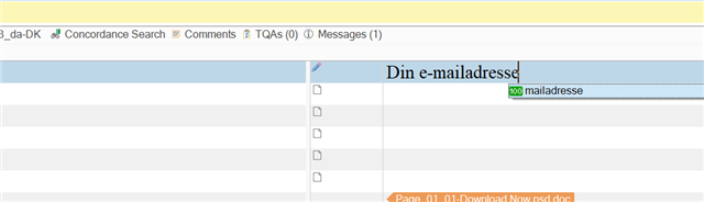 SDL Trados 2017 interface showing a segment with the text 'Din e-mailadresse' and an autofill suggestion 'mailadresse'.
