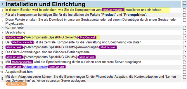 Screenshot of Trados Studio showing the Installation and Setup section with highlighted components such as 'MacCap variable' and 'MacCap xref' in the text.