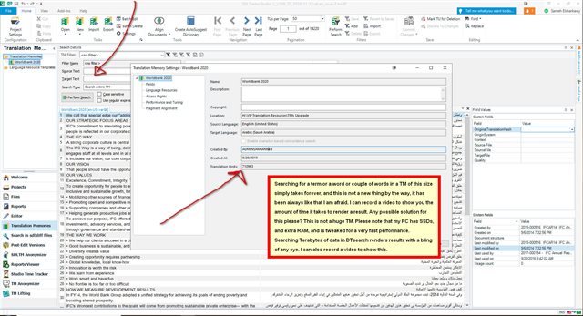 Screenshot of Trados Studio showing Translation Memory Settings window with a red arrow pointing to the 'Concordance Search' tab and a text box describing an issue with slow TM search outside the Editor.