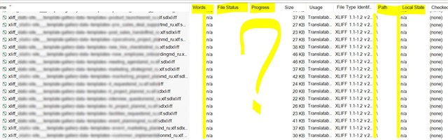 Screenshot of Trados Studio source files list with columns for Words, File Status, Progress, Size, Usage, File Type Ident., Path, and Local State, all showing 'na' or 'none'. A large yellow question mark highlights the lack of date sorting feature.
