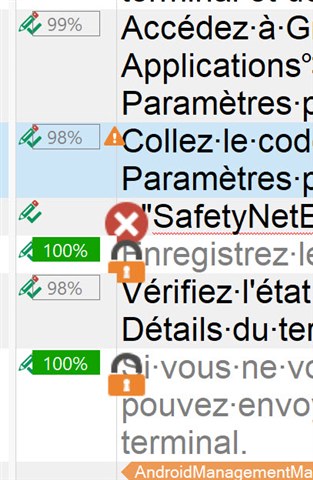 Screenshot of Trados Studio project with progress indicators, showing a red 'X' error symbol next to 'SafetyNet' task.