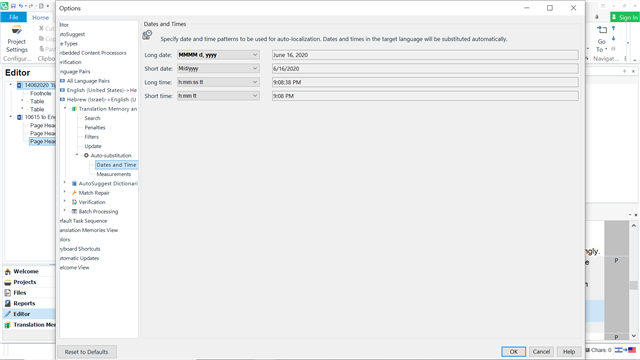 Screenshot of Trados Studio general settings showing date substitution format set to 'ddMMyy' for short date and 'hh:mm tt' for short time.