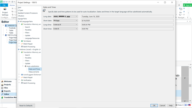 Screenshot of Trados Studio project settings displaying default date format 'dd.MM.yyyy' for long date, overriding the user's general settings.