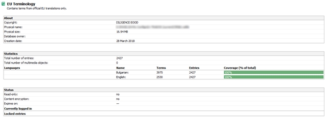 Screenshot of Trados Studio showing EU Terminology termbase statistics with total number of entries, languages included, and a 100% coverage bar.
