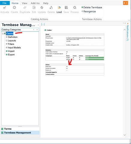 Screenshot of Trados Studio's Termbase Management window, showing the right-click context menu with the 'Reorganize' option highlighted.