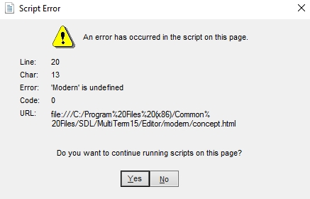 Screenshot of a 'Script Error' dialog box in Trados MultiTerm with a warning icon, indicating an error has occurred in the script on the page, with details about the line, character, error, code, and URL of the issue. Options to continue running scripts are 'Yes' and 'No'.