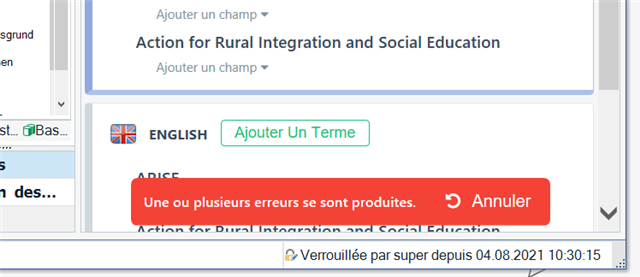 Trados Studio Multiterm error message in red box stating 'Une ou plusieurs erreurs se sont produites' with an 'Annuler' button, indicating one or more errors have occurred.