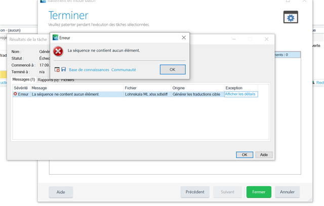 Trados Studio error message window saying 'La sequence ne contient aucun element' which translates to 'The sequence contains no element'.