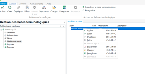 Screenshot of MultiTerm software showing the 'Gestion des bases terminologiques' window with no visible dropdown list on the Home tab.