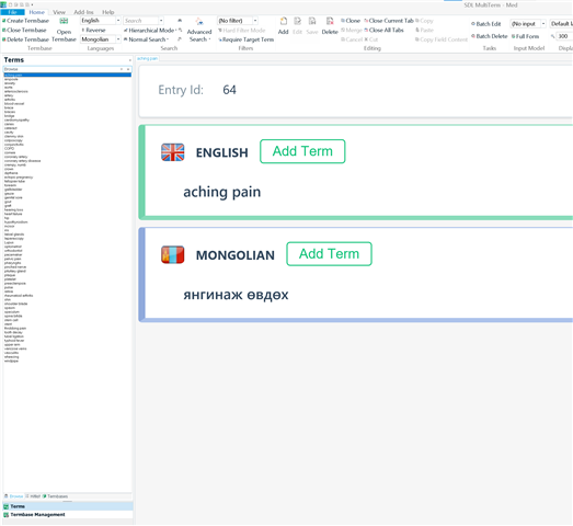 Screenshot of Trados Studio showing the Terms window with 'ENGLISH' and 'MONGOLIAN' language tabs. The English term 'aching pain' is visible with an 'Add Term' button, and the corresponding Mongolian term is displayed below.