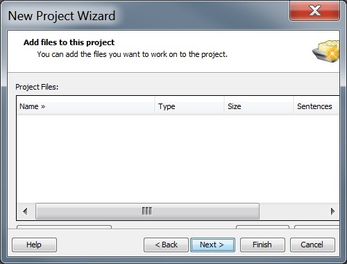 Screenshot of Trados Studio's 'New Project Wizard' with an empty project files list and buttons partially hidden due to oversized window.