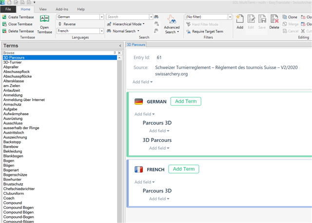 SDL MultiTerm interface after DPI settings adjustment, displaying clear and legible text in the term base entries.