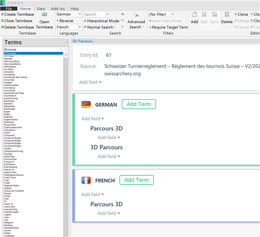 SDL MultiTerm interface before DPI settings adjustment, showing blurry and hard to read text in the term base entries.