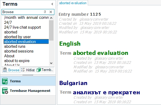 Trados MultiTerm termbase view with a selected term 'aborted evaluation' and its details in English and Bulgarian.