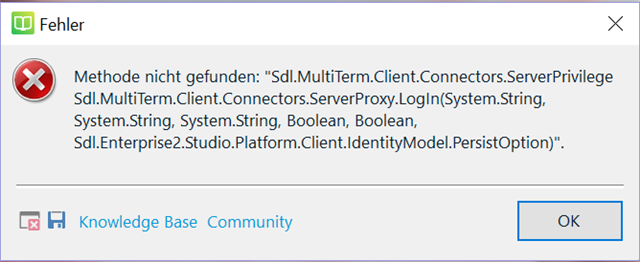 Error dialog box in Trados MultiTerm 2017 displaying 'Method not found' with a method signature related to server privilege and login, with an OK button and links to Knowledge Base and Community.