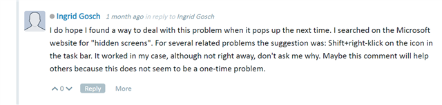 Screenshot of a community forum post by Ingrid Gosch discussing a workaround for a recurring problem by using Shift+right-click on the taskbar icon.