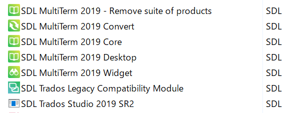 List of SDL products including SDL MultiTerm 2019 with options to remove, convert, core, desktop, and widget, and SDL Trados Legacy Compatibility Module and SDL Trados Studio 2019 SR2.