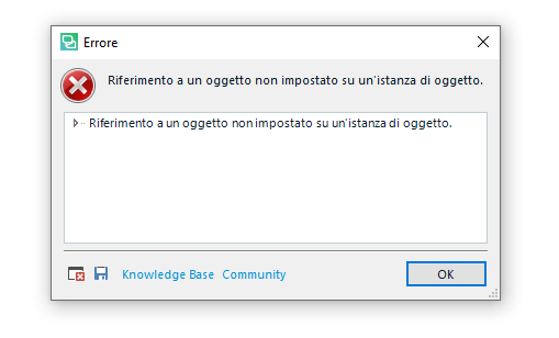 Error dialog box with a red cross icon, titled 'Errore'. Message reads 'Riferimento a un oggetto non impostato su un'istanza di oggetto.' with options for Knowledge Base, Community, and an OK button.