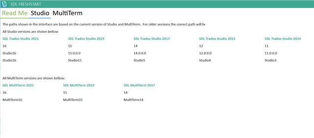 Screenshot of Trados Studio Read Me Studio MultiTerm page showing a list of Studio and MultiTerm versions with their corresponding paths.