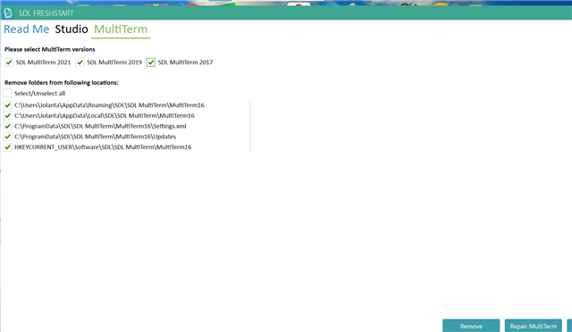 Screenshot of Trados Studio Read Me Studio MultiTerm page with a list of file paths for SDL MultiTerm 2021, 2019, and 2017 selected for removal or repair.