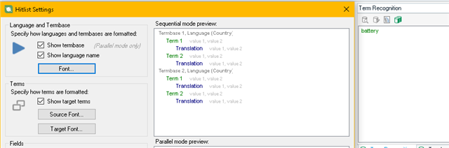 Screenshot of Trados Studio Hitlist Settings window with options to show language and term base, and Term Recognition panel with the search term 'battery' and its translations in sequential mode preview.