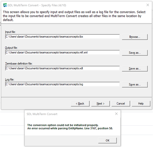 SDL MultiTerm Convert dialog box showing file paths for input, output, termbase definition, and log files. An error message reads 'The conversion option could not be initialised properly. An error occurred while parsing EntityName. Line 3167, position 58.'