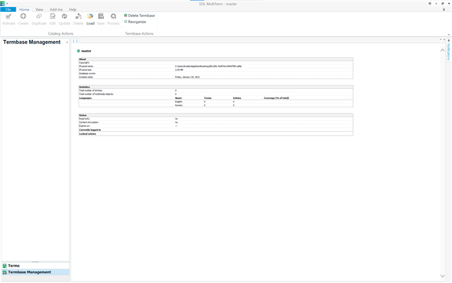 Trados Studio Termbase Management window with empty fields for termbase creation, no errors visible.