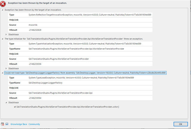 Error message in Trados Studio showing 'Exception has been thrown by the target of an invocation' with details of System.Reflection.TargetInvocationException and issues in SDLTradosStudio.Plugins.WorldServerTranslationProvider.