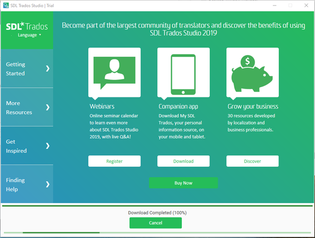 SDL Trados Studio trial installation window showing 'Download Completed (100%)' with a 'Cancel' button at the bottom.