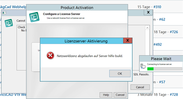 Error message in Trados Studio 'Lizenzserver-Aktivierung' window saying 'Netzwerklizenz abgelaufen auf Server hilfe-build.' with an OK button.