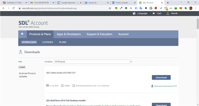 SDL Account Downloads page showing available downloads including SDL Trados Studio 2019 SR2 CU7 with a 'Download' button.