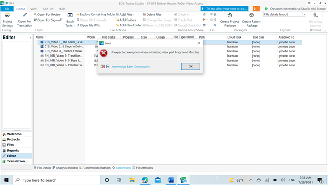 Trados Studio error message: 'Unexpected exception when initializing view part fragment Matches.'