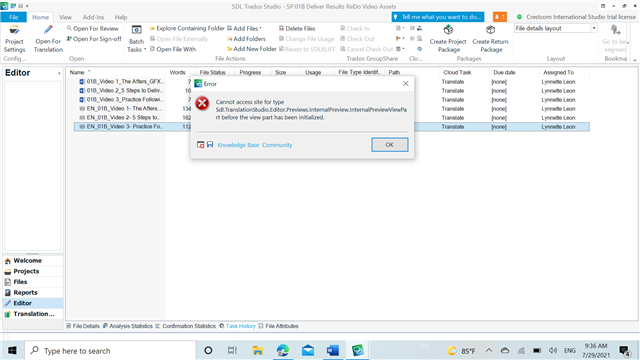 Trados Studio error message: 'Cannot access file drop for SDL Trados Studio Projects... it is believed the user path has been invalidated.'