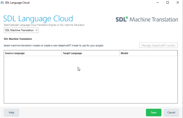 SDL Language Cloud setup window in Trados Studio with empty Source Language and Target Language fields and no models listed.