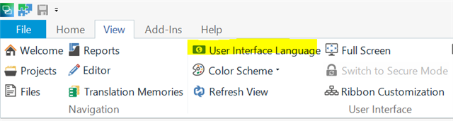 Trados Studio View tab showing User Interface Language option highlighted with a yellow warning icon.