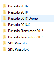 Folder view showing Passolo versions including Passolo 2016, Passolo 2018, Passolo 2018 Demo, Passolo 2018X, Passolo Translator 2016, Passolo Translator 2018, SDL Passolo, and SDL PassoloX.