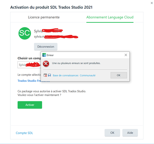SDL Trados Studio 2021 product activation window with an error message box stating 'Une ou plusieurs erreurs se sont produites' which translates to 'One or more errors have occurred'. An 'OK' button is available to dismiss the error.