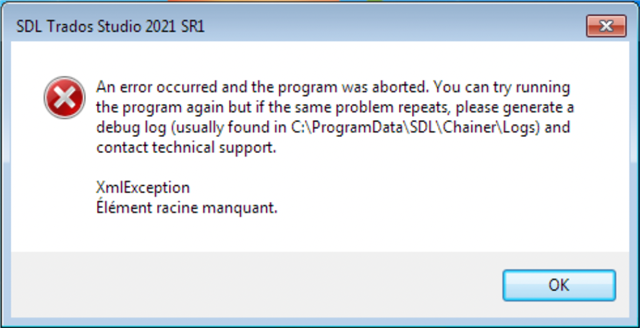 Error message in SDL Trados Studio 2021 SR1 indicating the program was aborted due to an XmlException and advises to generate a debug log for technical support.