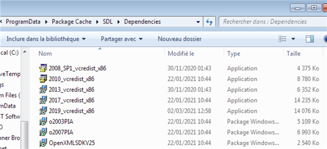 Screenshot of Trados Studio Dependencies folder showing various Microsoft Visual C++ Redistributable packages with dates and file sizes.