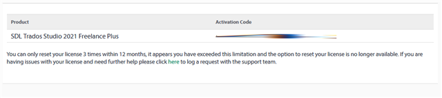 Screenshot of SDL Trados Studio 2021 Freelance Plus activation error message stating the license reset limit has been exceeded and providing a link for support.