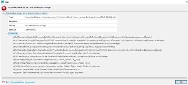 Error message in Trados Studio 2017 stating 'Object reference not set to an instance of an object.' with a stack trace listing various system and Trados Studio API calls.