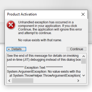 Error dialog box titled 'Product Activation' with a red cross symbol indicating an unhandled exception error stating 'No value exists with that name.'