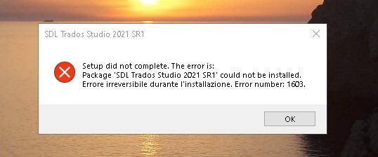 Error message during Trados Studio 2021 SR1 setup stating 'Setup did not complete. The error is: Package SDL Trados Studio 2021 SR1 could not be installed. Irreversible error during installation. Error number: 1603.'