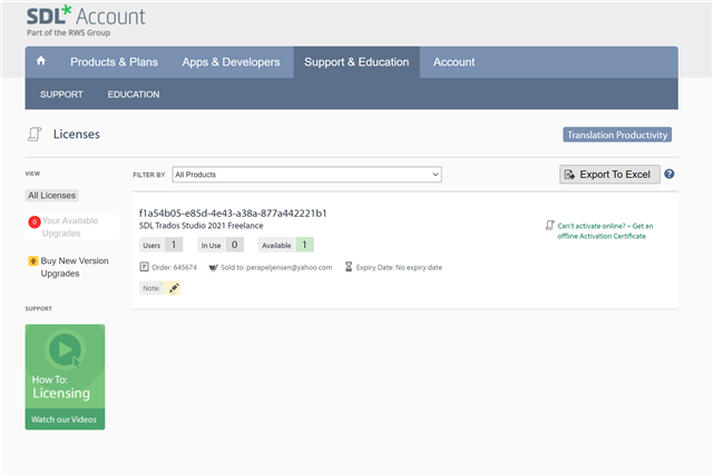 SDL Account Licenses page showing an SDL Trados Studio 2021 Freelance license with a note 'Can't activate online - Get an offline Activation Certificate'.